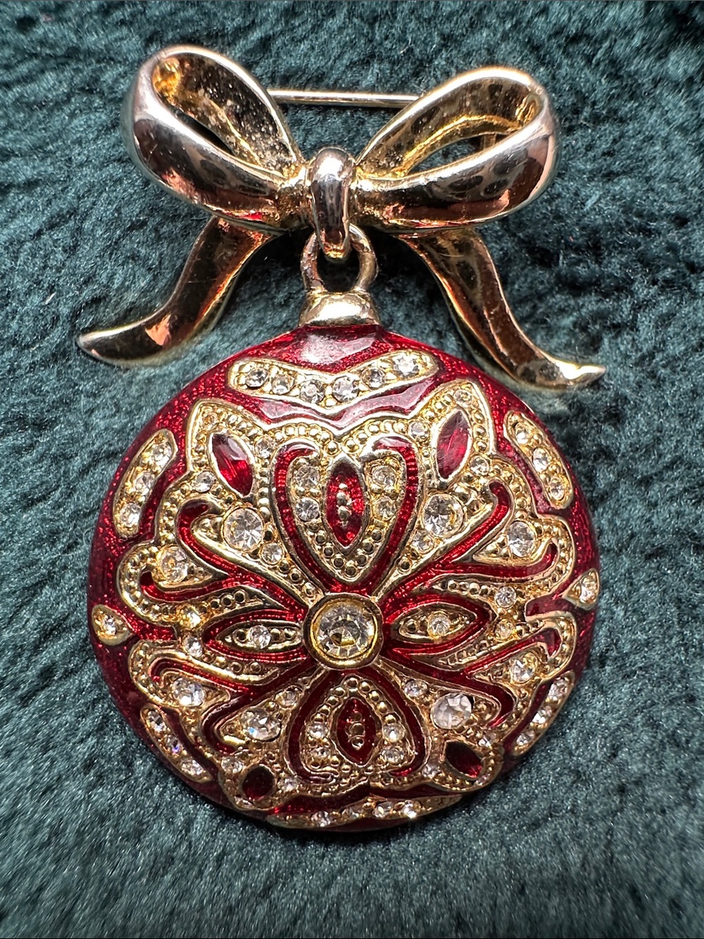 Gold Bow Red Filigree Crystal Pendant Brooch Christmas Ornament Signed Monet